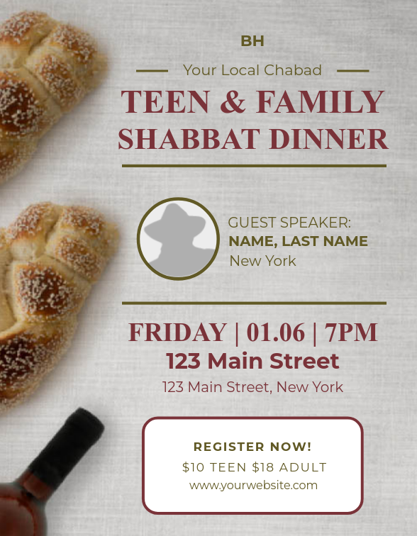 Shabbat dinner with Guest Speaker Flyer